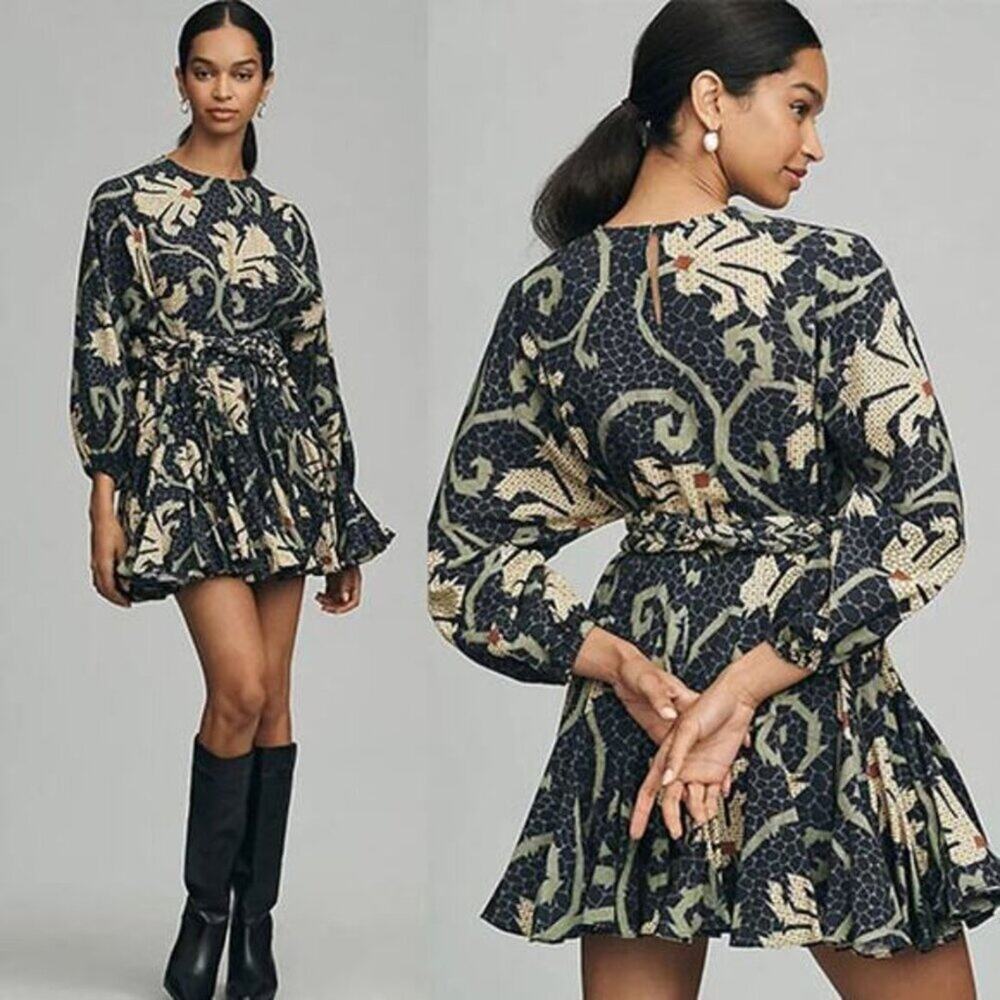 NWT Rhode Ella Long Sleeve Mini Dress Black Mosaic Blossom Grande Size: XS
